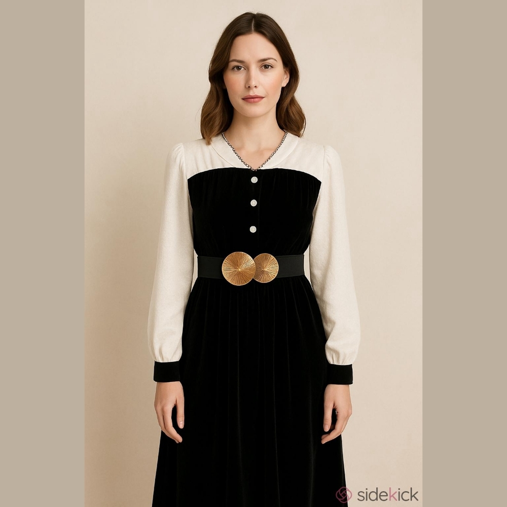 Black & Gold elastic waist belt with round disk buckle - Picture 4 of 5